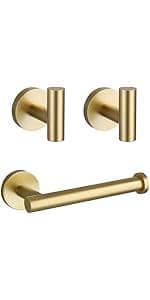 TURS Brushed Gold 5 Piece Bathroom Hardware Set, SUS304 Stainless Steel 24 Inch Bath Towel Bar Set, Round Bathroom Accessories Kit Wall Mounted