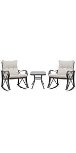 COSIEST 3 Piece Bistro Set Patio Rocking Chairs Outdoor Furniture w Warm Gray Cushions, Glass-Top Table for Garden, Pool, Backyard