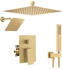 Thermostatic Shower System Dual Shower Heads with 16" Ceiling Mounted Rain Shower Head & 6" Wall Mounted Head 4 Function Shower System with body jets Can All Run Together, Brushed Gold