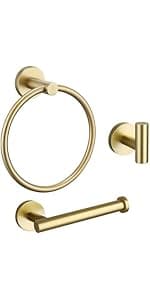 TURS Brushed Gold 5 Piece Bathroom Hardware Set, SUS304 Stainless Steel 24 Inch Bath Towel Bar Set, Round Bathroom Accessories Kit Wall Mounted