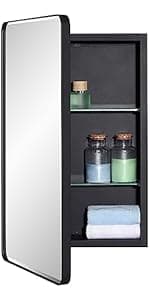 Black Bathroom Medicine Cabinet with Beveled Edge Mirrored Door 16 x 36 inch, Recessed or Surface Mount, with Adjustable Glass Shelves