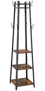 VASAGLE Coat Rack, Coat Stand with 3 Shelves, Hall Tree Free Standing with Hooks for Scarves, Bags, Umbrellas, Steel Frame, Industrial Style, for Entryway, Living Room, Rustic Brown and Black ULCR80X