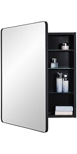 Black Bathroom Medicine Cabinet with Beveled Edge Mirrored Door 16 x 36 inch, Recessed or Surface Mount, with Adjustable Glass Shelves
