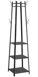 VASAGLE Coat Rack, Coat Stand with 3 Shelves, Hall Tree Free Standing with Hooks for Scarves, Bags, Umbrellas, Steel Frame, Industrial Style, for Entryway, Living Room, Rustic Brown and Black ULCR80X