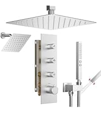 Shower Jets System, 12 Inch Thermostatic Rainfall Shower System with 6 Body Spray Jets (Can All Run Together) Full Body Spray Shower System, Shower Valve Included, Brushed Nicke