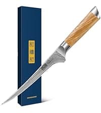 5 Pieces Kitchen Knife Sets, Ultra Sharp Professional Damascus Super Steel Chef Knives Sets with Ergonomic Olive Wood Handle, Including Chef, Bread, Santoku, Utility & Paring Knives