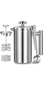 French Press Coffee Maker 50oz, 304 Stainless Steel Double Wall Insulated, Portable Coffee Press for Camping, Backpacking, Kitchen, Gift Set with Stainless Steel Filter - Silver