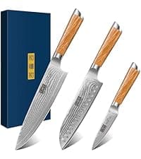 5 Pieces Kitchen Knife Sets, Ultra Sharp Professional Damascus Super Steel Chef Knives Sets with Ergonomic Olive Wood Handle, Including Chef, Bread, Santoku, Utility & Paring Knives