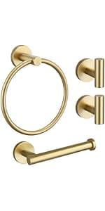 TURS Brushed Gold 5 Piece Bathroom Hardware Set, SUS304 Stainless Steel 24 Inch Bath Towel Bar Set, Round Bathroom Accessories Kit Wall Mounted