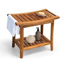 Premium 22" Teak Shower Bench with Handles, Waterproof Teak Shower Stool, Wooden Stool for Bathroom, Teak Wood Shower Bench Stool Seat Chair for Shower Storage Shelf, 300 Lbs Capacity