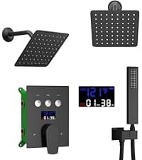 AYIVG Matte Black Thermostatic Rainfall Full Body Shower System With 2 In 1 Waterfall Rainfall Ceiling Mount 16 X 24 Inch Rain Shower Head 6 Jets Temperature Display Shower Faucet Set