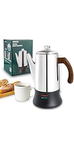 Electric Coffee Percolator Stainless Steel Coffee Maker with Heat Resistant Tough Glass Clear Brew Progress Knob, Keep Warm & Cordless Serving Classic Coffee Pot with On/OFF Switch 12 Cup