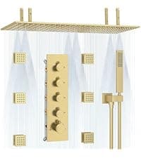 Thermostatic Shower System Dual Shower Heads with 16" Ceiling Mounted Rain Shower Head & 6" Wall Mounted Head 4 Function Shower System with body jets Can All Run Together, Brushed Gold