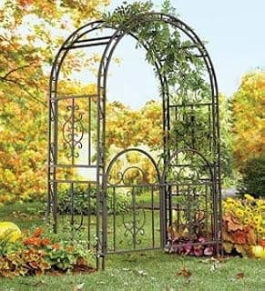 Plow & Hearth Arch Metal Outdoor Garden Arbor Double Gate | Montebello | 7 Feet Tall | Gunmetal Black | Trellis Lattice Climbing Plants