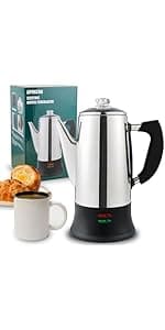 Electric Coffee Percolator Stainless Steel Coffee Maker with Heat Resistant Tough Glass Clear Brew Progress Knob, Keep Warm & Cordless Serving Classic Coffee Pot with On/OFF Switch 12 Cup