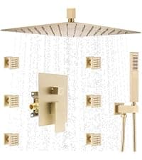Thermostatic Shower System Dual Shower Heads with 16" Ceiling Mounted Rain Shower Head & 6" Wall Mounted Head 4 Function Shower System with body jets Can All Run Together, Brushed Gold