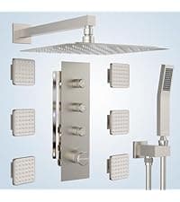 Shower Jets System, 12 Inch Thermostatic Rainfall Shower System with 6 Body Spray Jets (Can All Run Together) Full Body Spray Shower System, Shower Valve Included, Brushed Nicke