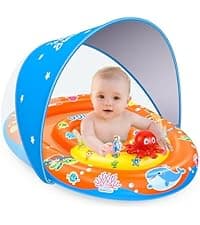 EZIGO Baby Pool Float with Canopy UPF50+ Sun Protection, Inflatable Kids Pool Floats with Ocean Animal Toys for Baby 6-36 Months, Infant Swimming Float with Adjustable Safety Seat for Boys Girls