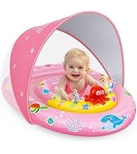 EZIGO Baby Pool Float with Canopy UPF50+ Sun Protection, Inflatable Kids Pool Floats with Ocean Animal Toys for Baby 6-36 Months, Infant Swimming Float with Adjustable Safety Seat for Boys Girls
