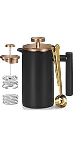 French Press Coffee Maker 50oz, 304 Stainless Steel Double Wall Insulated, Portable Coffee Press for Camping, Backpacking, Kitchen, Gift Set with Stainless Steel Filter - Silver