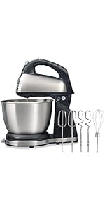 Hamilton Beach Electric Stand Mixer, 4 Quarts, Dough Hook, Flat Beater Attachments, Splash Guard 7 Speeds with Whisk, Black