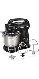 Hamilton Beach Electric Stand Mixer, 4 Quarts, Dough Hook, Flat Beater Attachments, Splash Guard 7 Speeds with Whisk, Black