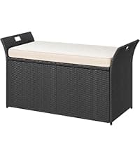 DWVO 70Gal Outdoor Storage Bench with Cushion & Composite Wood Backrest, All-Weather Wicker Deck Bench with Rustproof Bag, Poolside, Patio, Garden (Sand Beige)