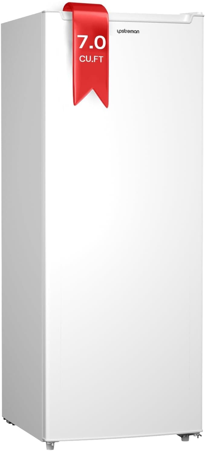 Upstreman 7.0 Cu.Ft Upright Freezer Large Capacity Convertible Refrigerator/Freezer, 5 Adjustable Shelves, Energy Efficient, Garage Ready, Reversible Door for Basement, Dorm, Apartment,White