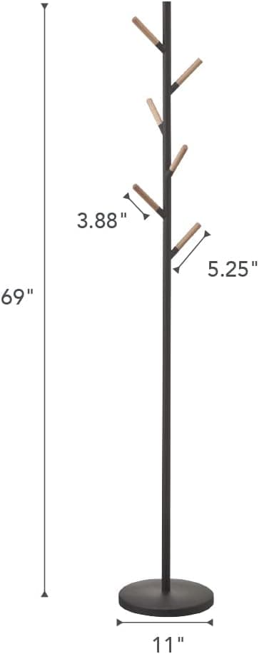 Yamazaki Home Plain Freestanding Coat Hanger Rack With Wooden Hooks, Space Saving, 70" - Steel