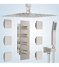 Shower Jets System, 12 Inch Thermostatic Rainfall Shower System with 6 Body Spray Jets (Can All Run Together) Full Body Spray Shower System, Shower Valve Included, Brushed Nicke