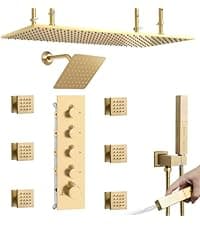 Thermostatic Shower System Dual Shower Heads with 16" Ceiling Mounted Rain Shower Head & 6" Wall Mounted Head 4 Function Shower System with body jets Can All Run Together, Brushed Gold