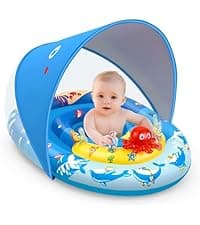 EZIGO Baby Pool Float with Canopy UPF50+ Sun Protection, Inflatable Kids Pool Floats with Ocean Animal Toys for Baby 6-36 Months, Infant Swimming Float with Adjustable Safety Seat for Boys Girls