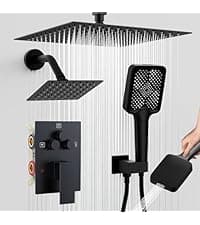 Shower Faucet Set, 12" Ceiling Mount Rainfall Shower System with 2 Rain Shower Head and Multi-function Handheld Head Push Button Diverter Shower Faucet Trim Kit (12", Matte Black)