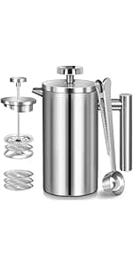 French Press Coffee Maker 50oz, 304 Stainless Steel Double Wall Insulated, Portable Coffee Press for Camping, Backpacking, Kitchen, Gift Set with Stainless Steel Filter - Silver