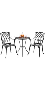 Yaheetech Patio Bistro Sets 3 Piece Cast Aluminum Bistro Table and Chairs Set, Cast Aluminum Bistro Table and Chairs Set of 2 with Umbrella Hole for Patio Backyard Balcony, Green