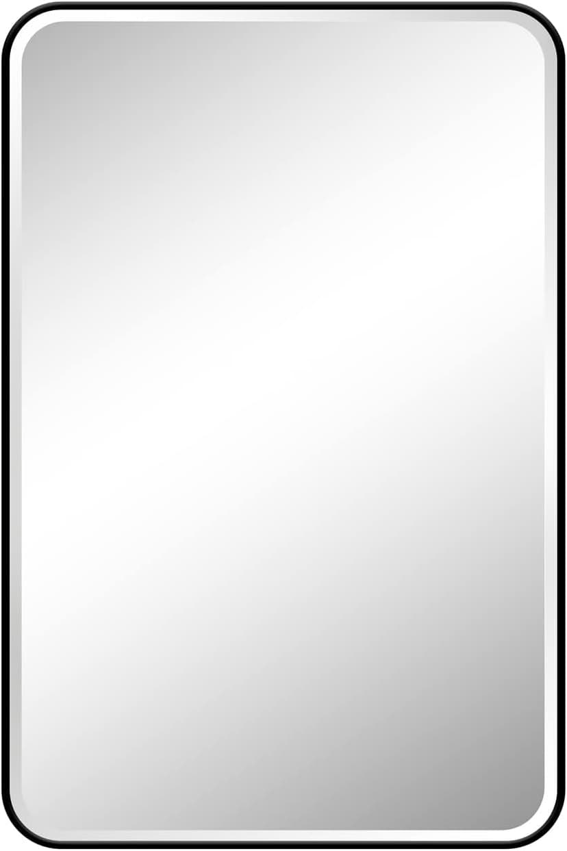 Fundin Plastic Black Medicine Cabinet, Beveled Edge Mirror Door with Round Corner Metal Frame, Recessed and Surface Mount Bathroom Medicine Cabinet, 16 x 24 inch Mirror Size