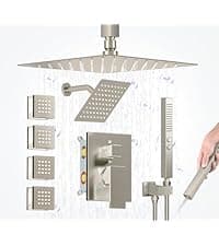Shower Jets System, 12 Inch Thermostatic Rainfall Shower System with 6 Body Spray Jets (Can All Run Together) Full Body Spray Shower System, Shower Valve Included, Brushed Nicke