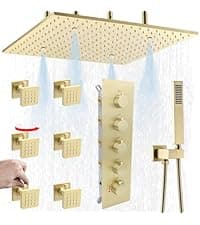 Thermostatic Shower System Dual Shower Heads with 16" Ceiling Mounted Rain Shower Head & 6" Wall Mounted Head 4 Function Shower System with body jets Can All Run Together, Brushed Gold