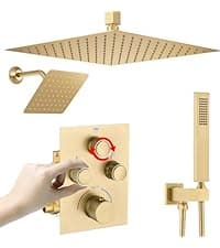 Thermostatic Shower System Dual Shower Heads with 16" Ceiling Mounted Rain Shower Head & 6" Wall Mounted Head 4 Function Shower System with body jets Can All Run Together, Brushed Gold