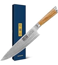 5 Pieces Kitchen Knife Sets, Ultra Sharp Professional Damascus Super Steel Chef Knives Sets with Ergonomic Olive Wood Handle, Including Chef, Bread, Santoku, Utility & Paring Knives