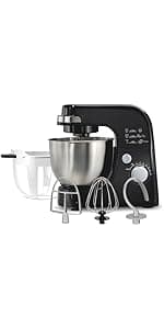 Hamilton Beach Electric Stand Mixer, 4 Quarts, Dough Hook, Flat Beater Attachments, Splash Guard 7 Speeds with Whisk, Black
