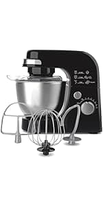 Hamilton Beach Electric Stand Mixer, 4 Quarts, Dough Hook, Flat Beater Attachments, Splash Guard 7 Speeds with Whisk, Black