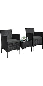 Yaheetech 3 Piece Patio Rattan Bistro Set, Outdoor All Weather PE Wicker Conversation Furniture Set with 2 Chairs & Tempered Glass Top Table & Cushions, for Poolside/Porch/Garden/Yard, Tan/Cream