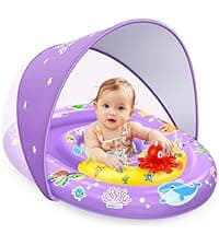 EZIGO Baby Pool Float with Canopy UPF50+ Sun Protection, Inflatable Kids Pool Floats with Ocean Animal Toys for Baby 6-36 Months, Infant Swimming Float with Adjustable Safety Seat for Boys Girls