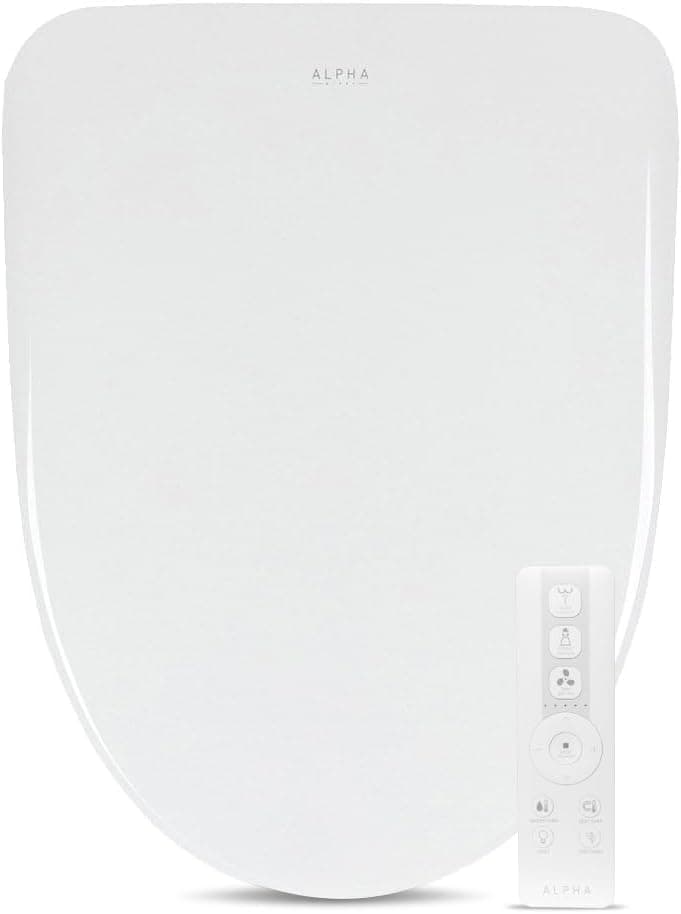 ALPHA BIDET iX Pure Bidet Toilet Seat in Elongated White | Ultra Low Profile | Endless Warm Water | Arced Stainless Steel Nozzle | Blue LED Nightlight | Dryer