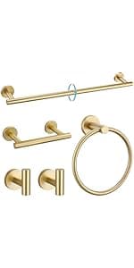 TURS Brushed Gold 5 Piece Bathroom Hardware Set, SUS304 Stainless Steel 24 Inch Bath Towel Bar Set, Round Bathroom Accessories Kit Wall Mounted