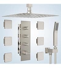 Shower Jets System, 12 Inch Thermostatic Rainfall Shower System with 6 Body Spray Jets (Can All Run Together) Full Body Spray Shower System, Shower Valve Included, Brushed Nicke