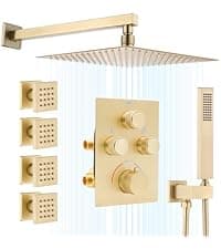 Thermostatic Shower System Dual Shower Heads with 16" Ceiling Mounted Rain Shower Head & 6" Wall Mounted Head 4 Function Shower System with body jets Can All Run Together, Brushed Gold