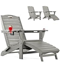 Ciokea Folding Adirondack Chair Wood Texture, Patio Adirondack Chair Weather Resistant, Plastic Fire Pit Chair with Cup Holder, Lawn Chair for Outdoor Porch Garden Backyard Deck (Teak)