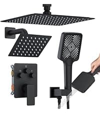 Shower Faucet Set, 12" Ceiling Mount Rainfall Shower System with 2 Rain Shower Head and Multi-function Handheld Head Push Button Diverter Shower Faucet Trim Kit (12", Matte Black)
